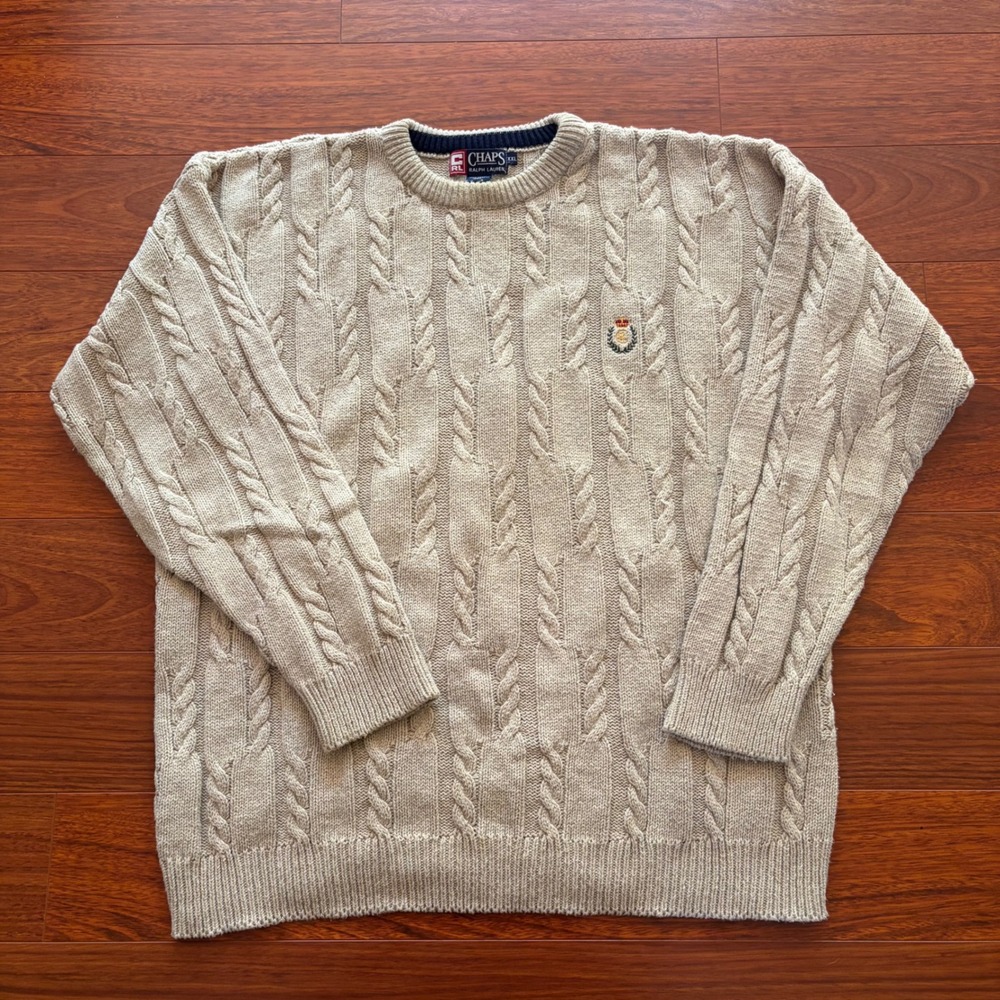 Chaps Ralph Lauren Mens XXL Beige Cable Knit Sweater Vintage Cotton Crest USA